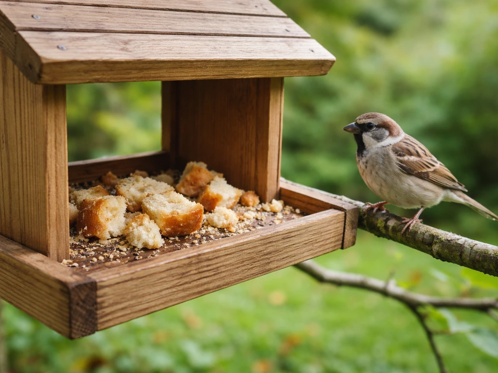 A partially filled bird feeder with visible bread crumbs, with a small bird nearby on a branch.