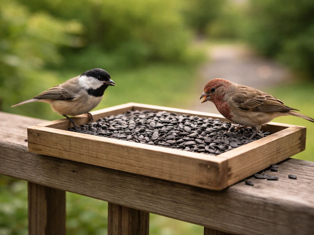 Backyard bird feeder with black oil sunflower seeds and small songbirds feeding