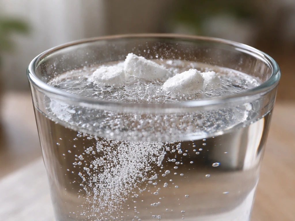 Broken white tablet pieces fizzing in a glass of water, captured in a close-up macro shot.