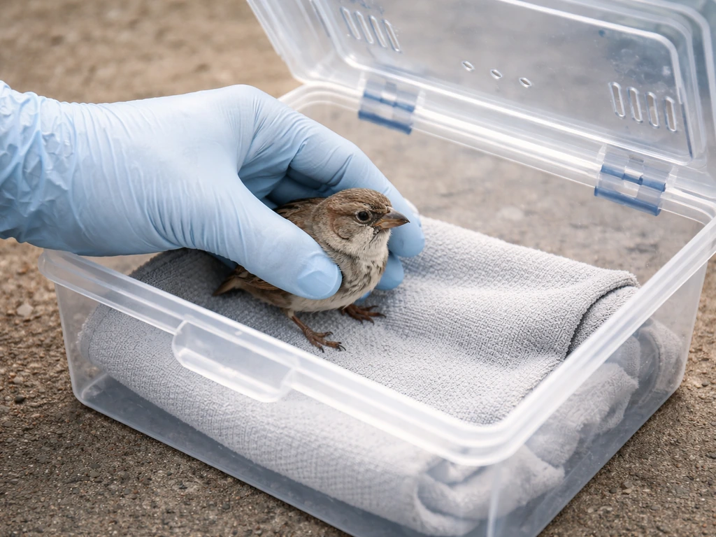 Gloved hand gently placing a small bird into a clean ventilated transport container ready for care.