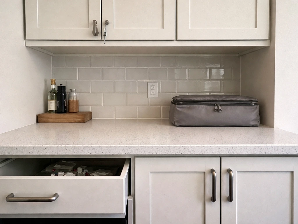 Locked cabinet above the counter with closed bags to keep small medications out of bird reach.