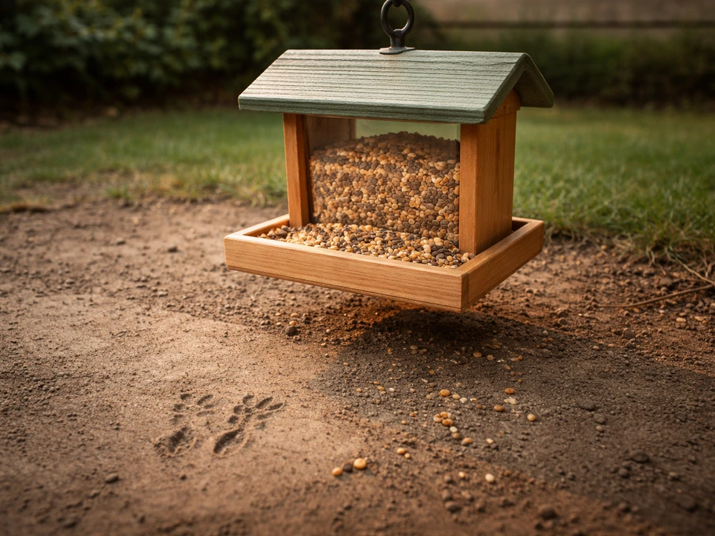 Backyard bird feeder with birdseed on a clean tray and subtle mouse-sized tracks in the dirt below.