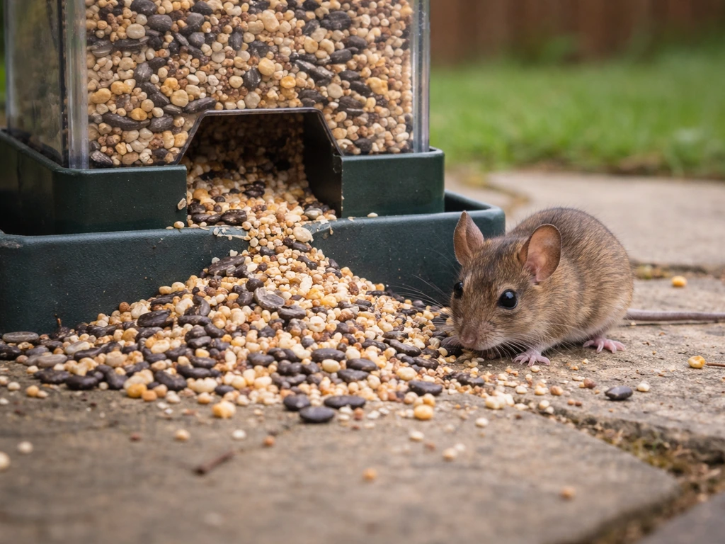 Close-up of a backyard bird feeder with spilled birdseed on the ground attracting small wild mice