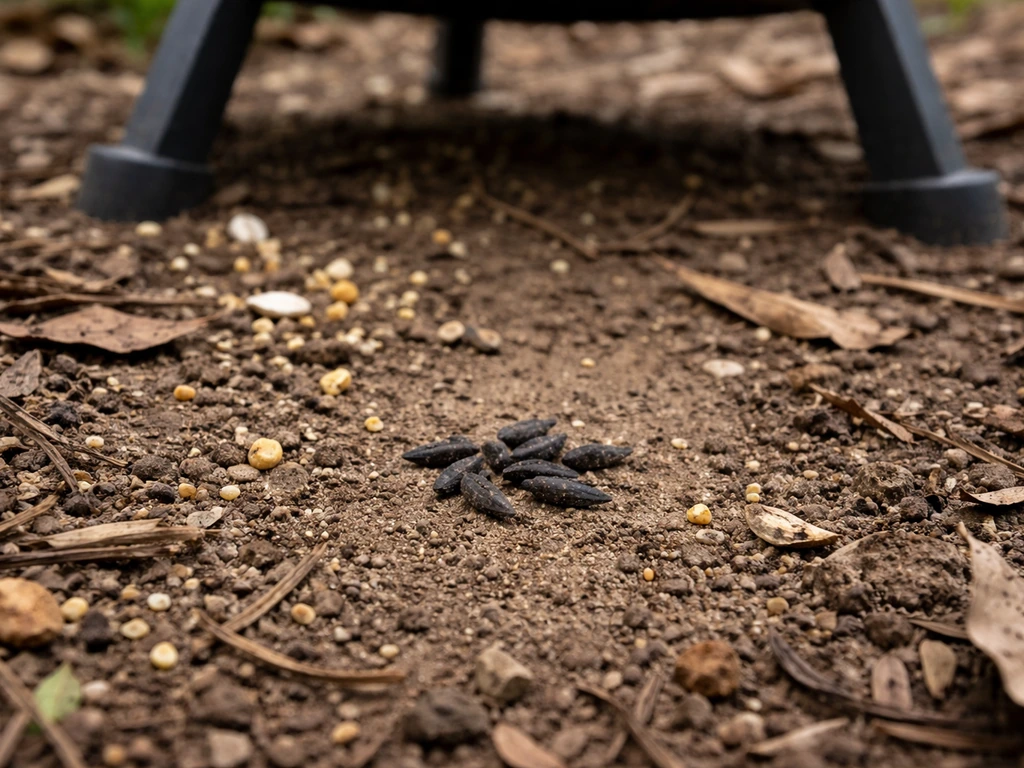 Close-up of small dark mouse droppings near a bird feeder and scattered seed hulls on the ground.