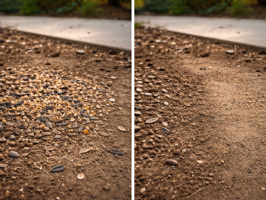 Spilled bird seed and hulls on the ground alongside a nearby cleaned-up patch for cleanup contrast.