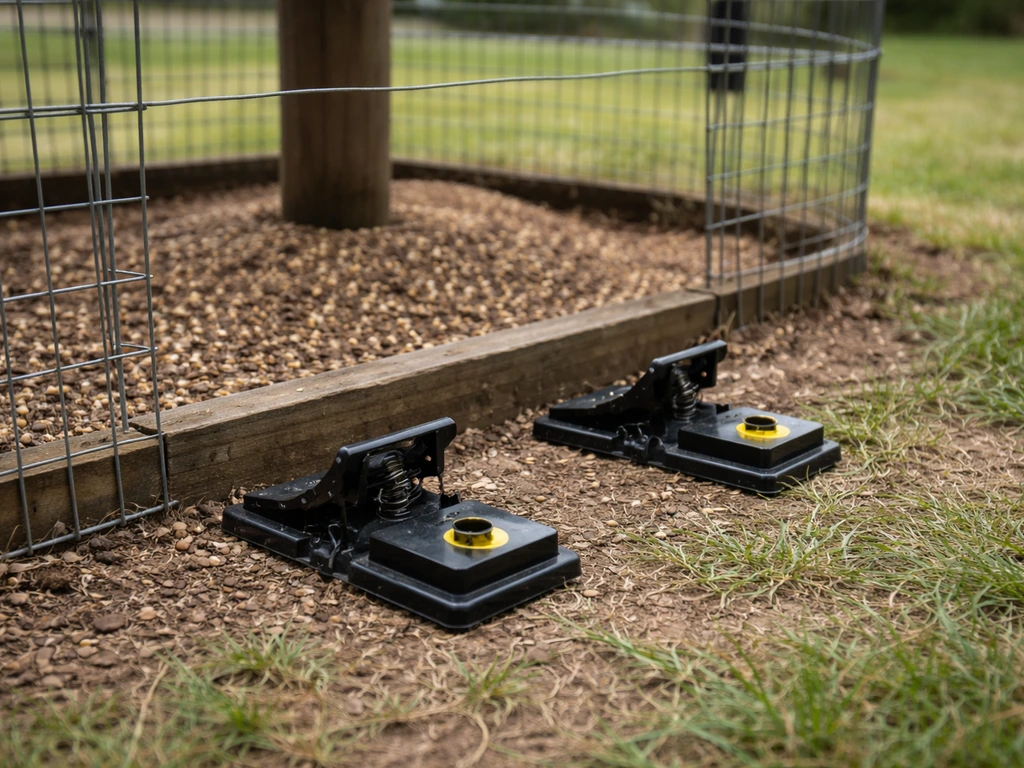 Snap traps placed near a feeder perimeter with a protective cage for safe, bird-out-of-reach placement.