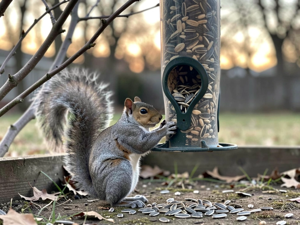 Gray squirrel grabbing sunflower seeds from a bird feeder