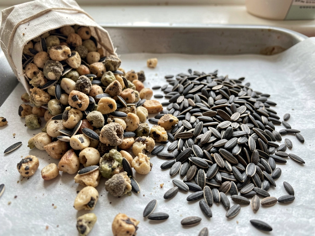 Closeup of moldy, clumped seed bag and musty seeds