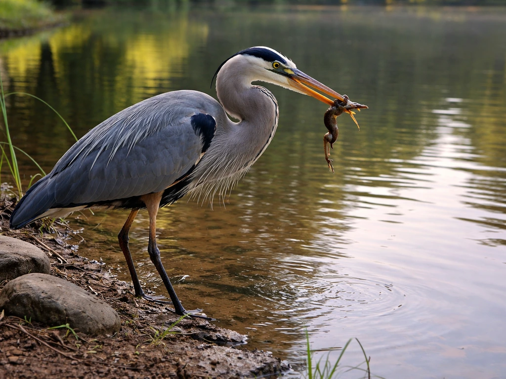 Great Blue Heron at a pond edge with a frog-sized prey item in its beak.
