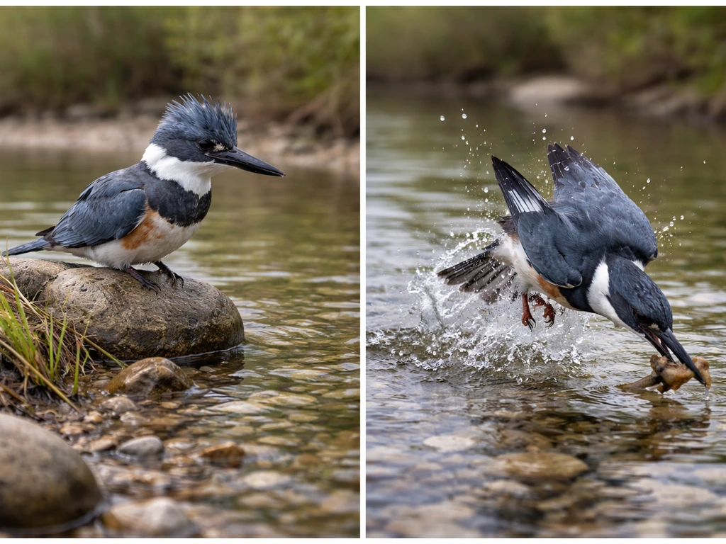 Belted kingfisher plunging into shallow water with a small frog caught near the surface