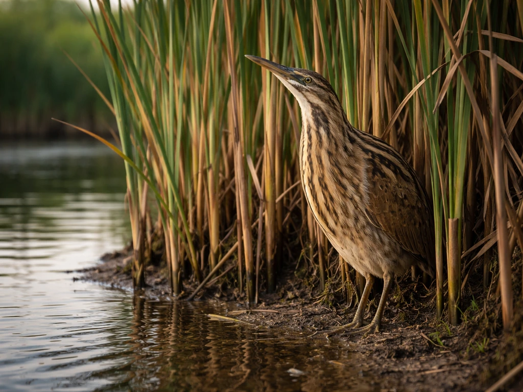 Camouflaged American bittern standing motionless among cattails at the edge of a marsh pond.