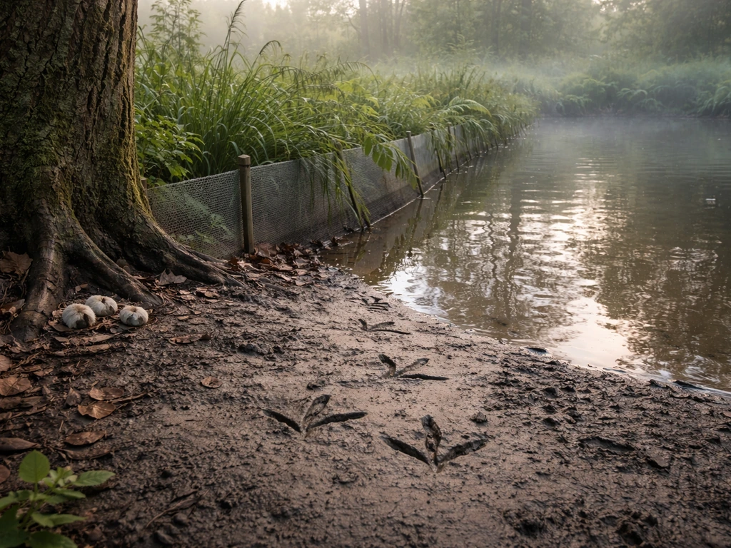 Backyard pond at dawn with muddy footprints, owl pellets near a tree, and a low non-lethal frog barrier.