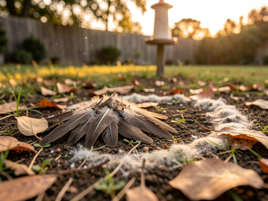 Neat pile of plucked feathers on the ground with visible quill ends near a feeder