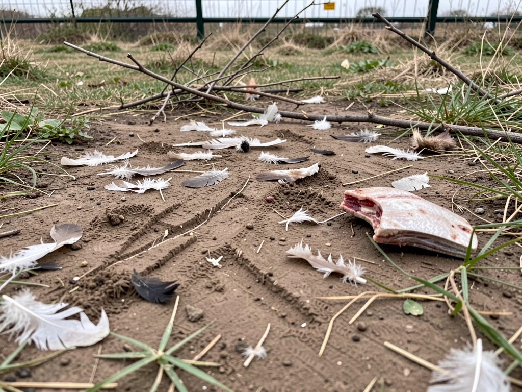 Raccoon-style feeding evidence: scattered feathers and torn remains in a wider area