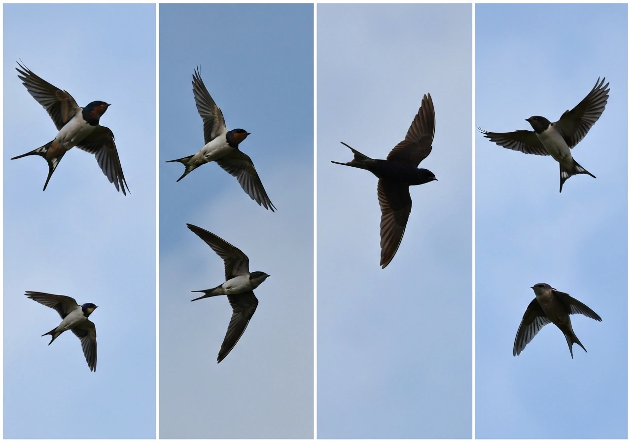 Five aerial insectivorous birds shown as distinct silhouettes flying side-by-side against a pale blue sky.