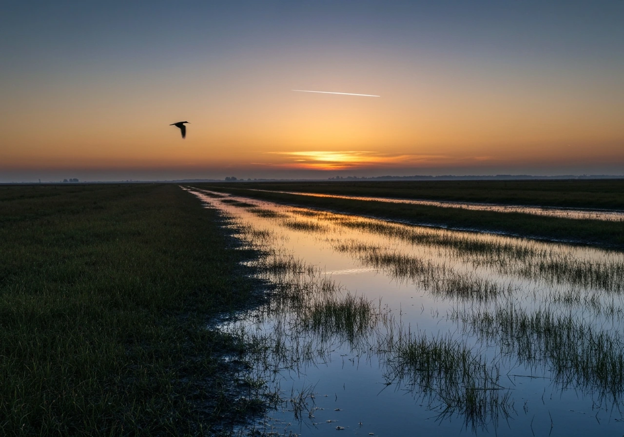 Dawn field with water reflections and a distant flying motion streak, warm orange sky and cool blue tones.