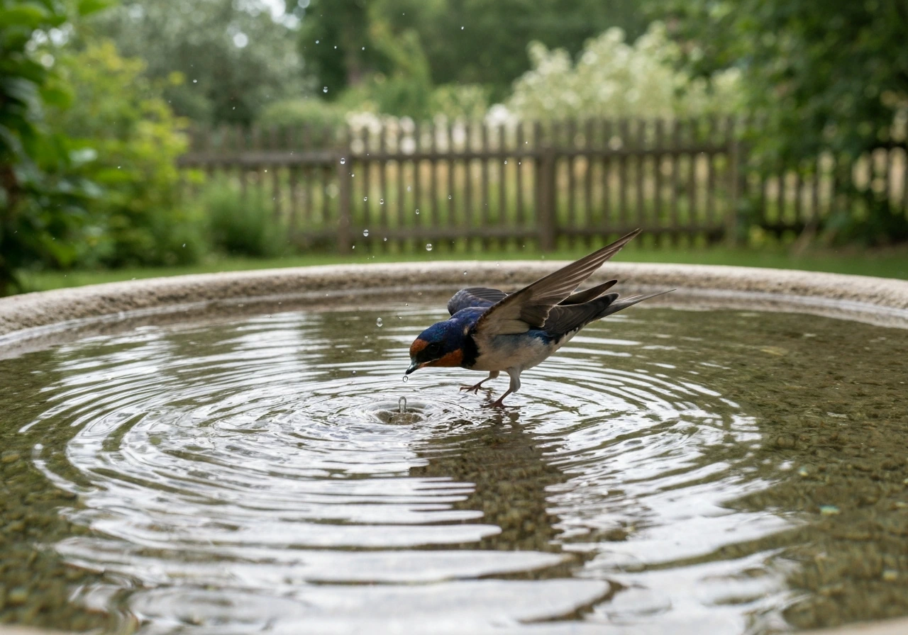 Small backyard birdbath with gentle ripples as a swallow dips to drink water.