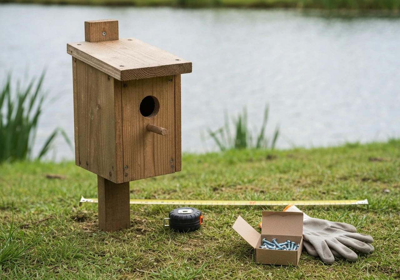Close-up of a wooden bird nest box outdoors beside a simple homeowner tool kit, suggesting troubleshooting fixes.