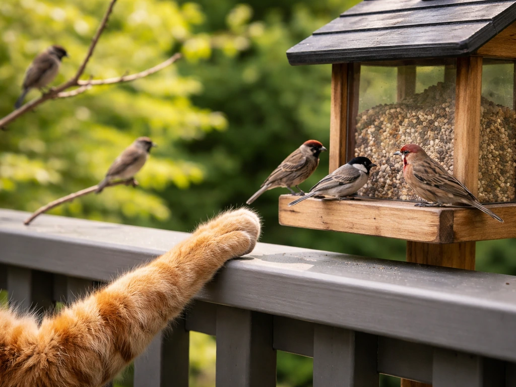 Cat paw reaching toward a backyard bird feeder while wild birds perch nearby.