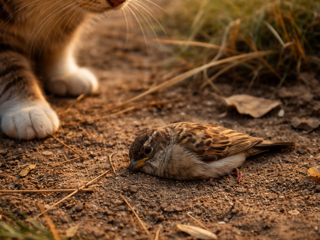 Close-up of a cat paw and whiskers beside a small bird on the ground outdoors at dusk.
