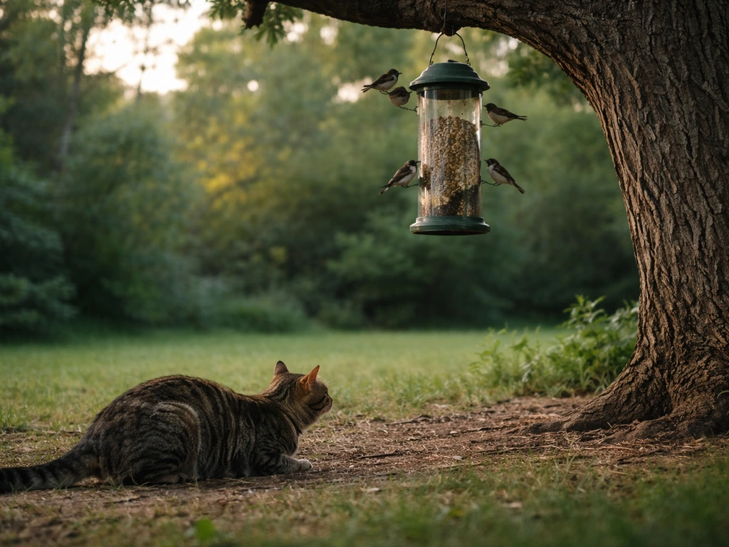 Tabby cat crouching by a bird feeder while small birds feed above in a quiet backyard.
