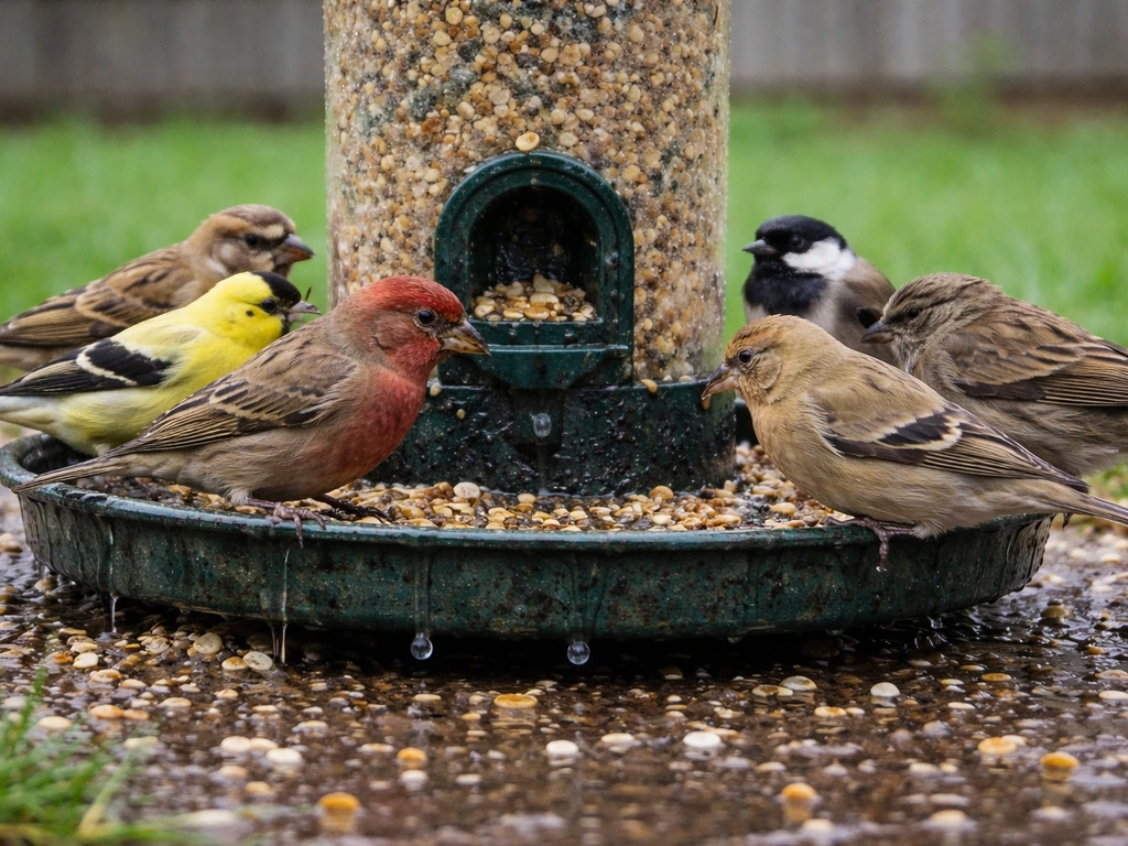 Small birds gathered at a wet, dirty bird feeder tray with drips and spilled seed on the ground.