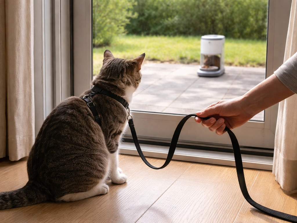 Cat indoors with leash while a pet feeder sits on clear patio, away from shrubs or hiding cover