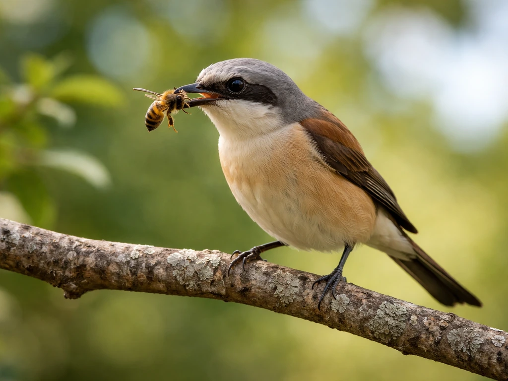 Bee-eating bird perched and holding a bee near its beak in a simple backyard setting