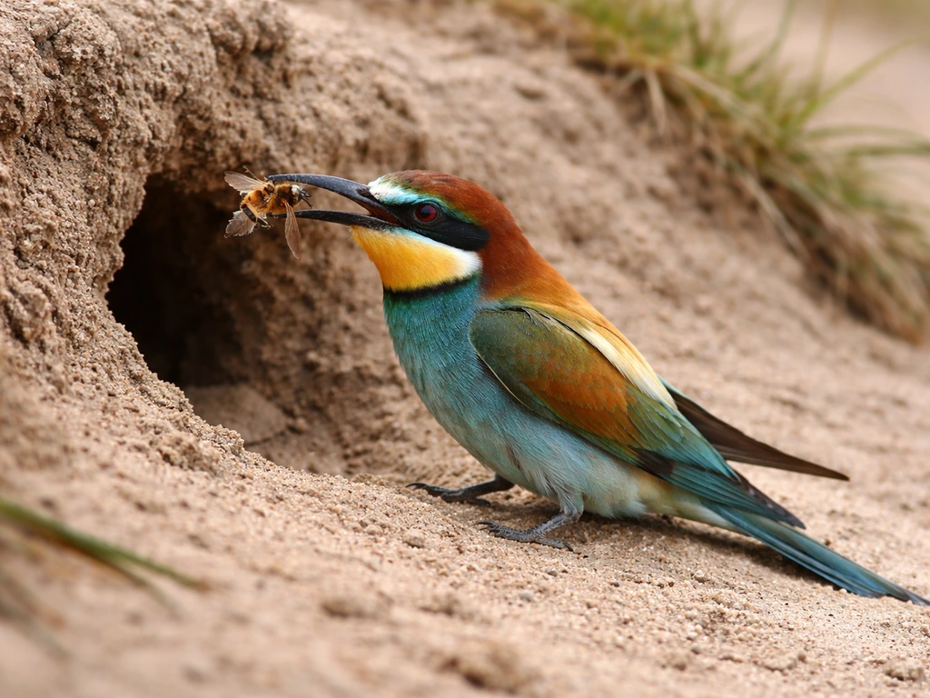 European bee-eater perched on a sandy bank, holding a small bee-prey item during hunting.