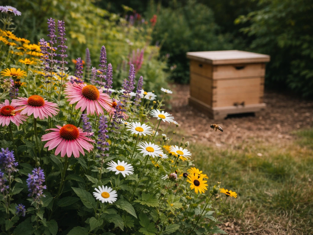 Dense blooming flowers with a small hive on bare ground and a few bees hovering nearby.