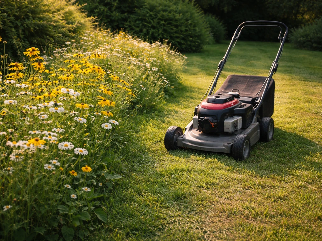 Yard lawn mower parked beside flowering bee-attracting plants left uncut at late afternoon light.