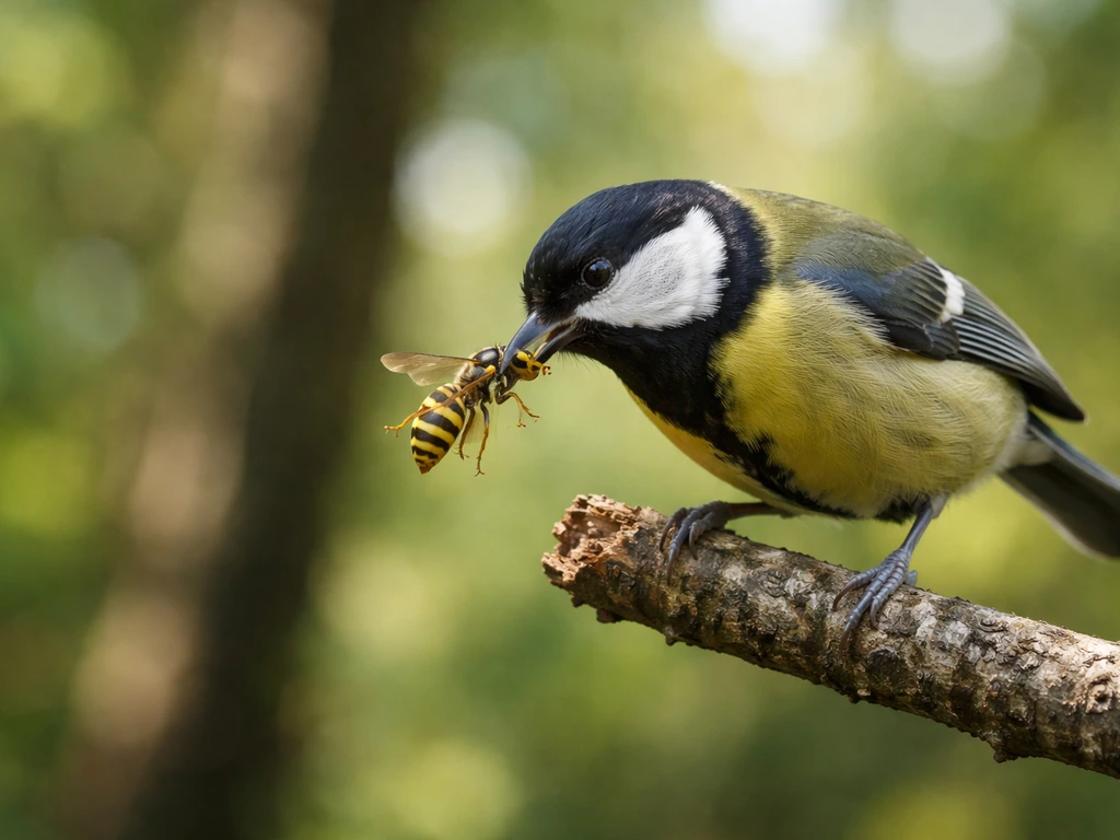 Small songbird holding a wasp on a tree branch in a close-up, natural woodland light.