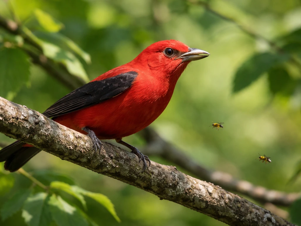 Male Summer Tanager perched on a branch, hunting context with nearby wasp activity in leafy summer foliage