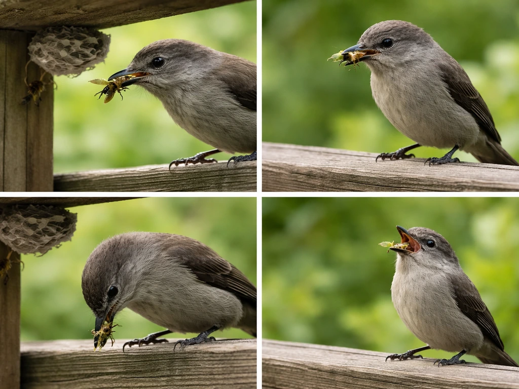 Photo-collage of a backyard bird catching and eating an insect near a small wasp nest.