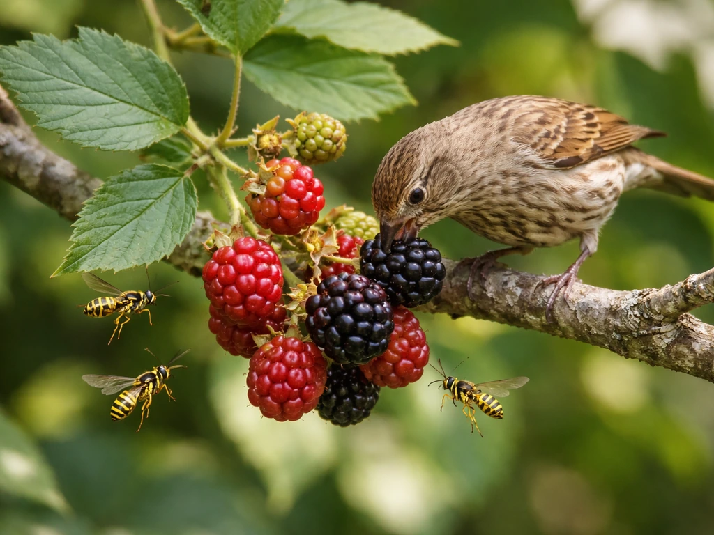 Bird perched by fruit while small wasps hover near, showing shared attraction to the same food source.