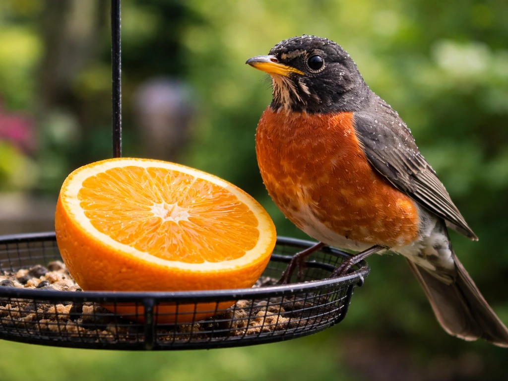 A small orange-loving bird perched at a backyard feeder next to an orange half.