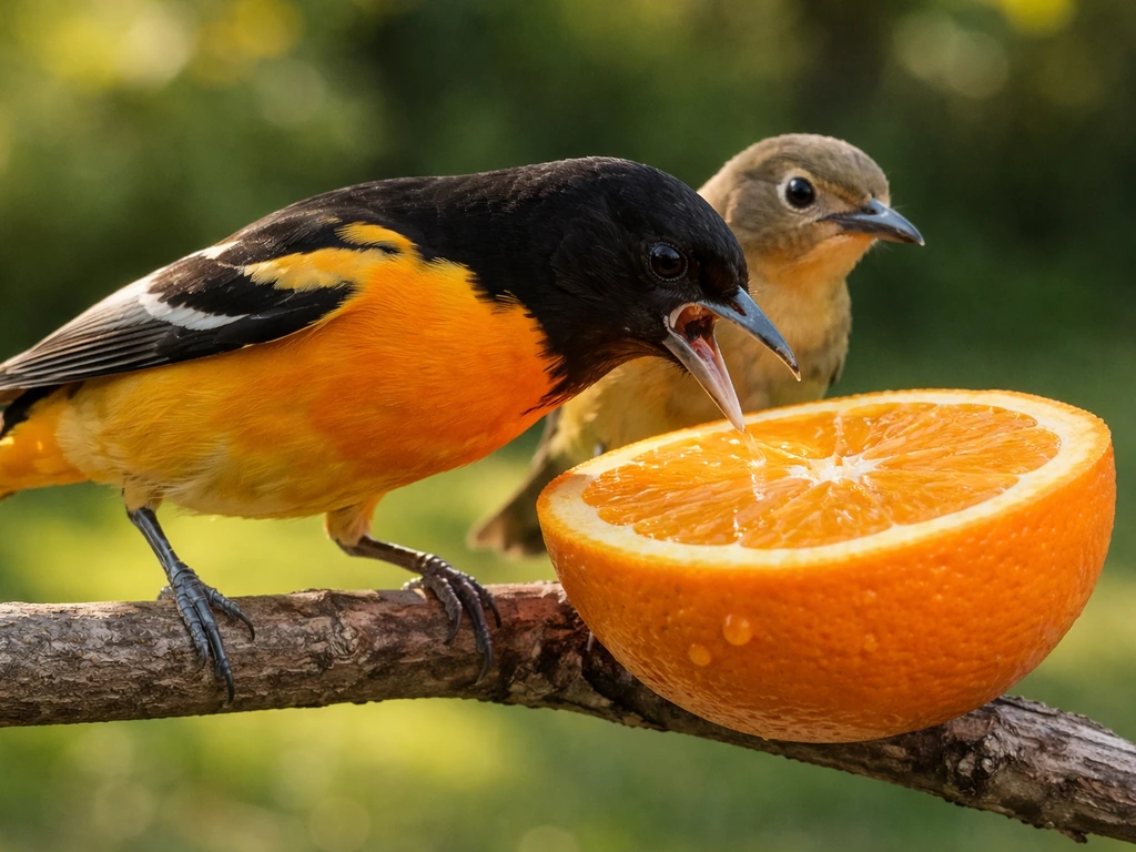 Baltimore oriole gaping at a ripe orange half while another small bird feeds nearby in soft daylight.