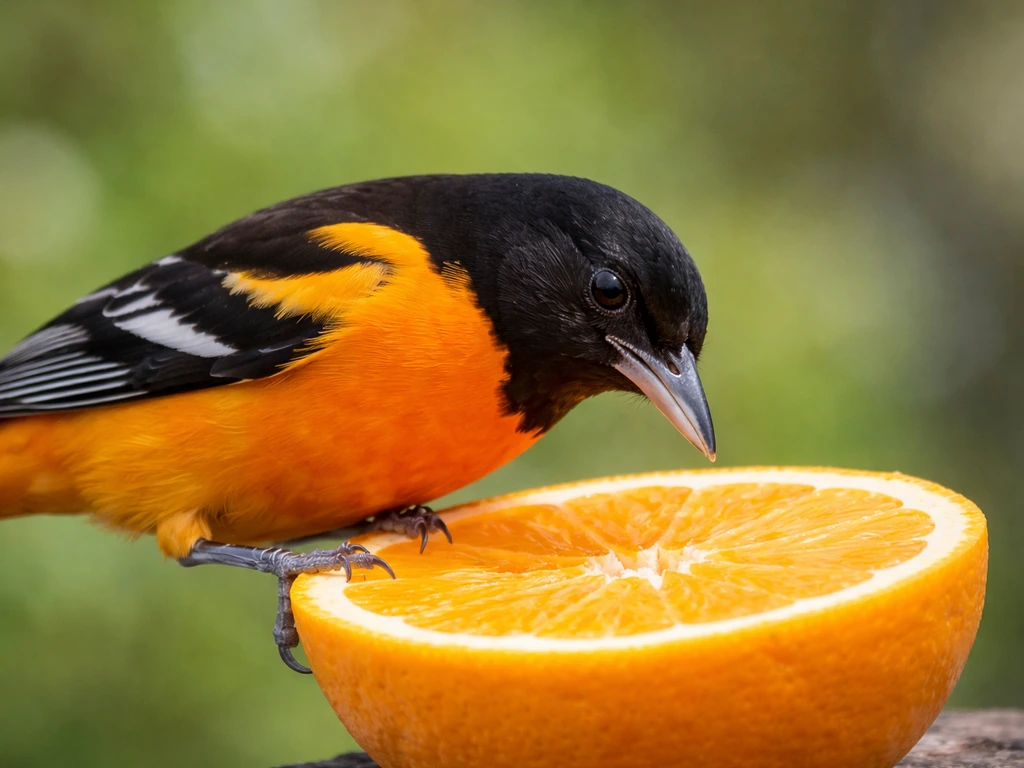 Male Baltimore Oriole perched at an orange feeder, showing orange plumage, black hood, and white wing bar.