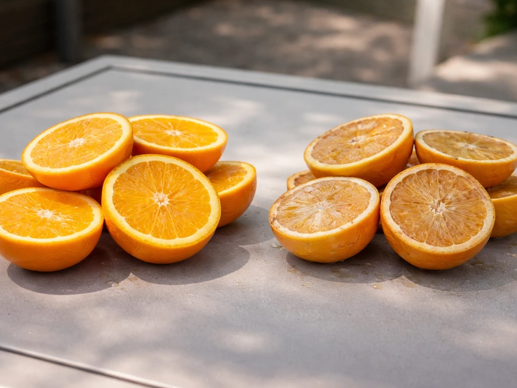 Fresh orange halves beside spoiled orange halves with sun/heat fermentation-like film on cut edges.