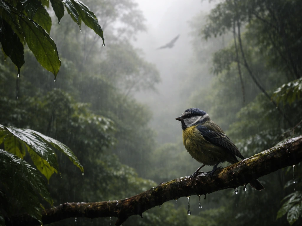 Rainforest bird perched under heavy rain with distant raptor silhouette overhead