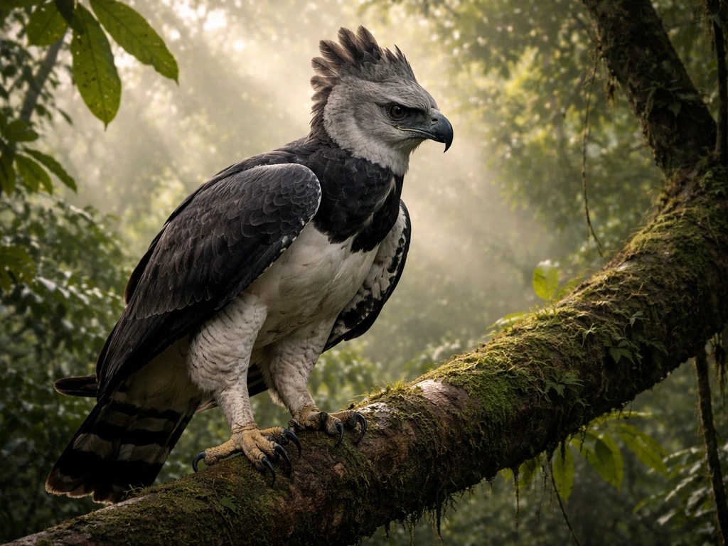 Harpy eagle perched on a rainforest branch with misty sunbeams in the background.