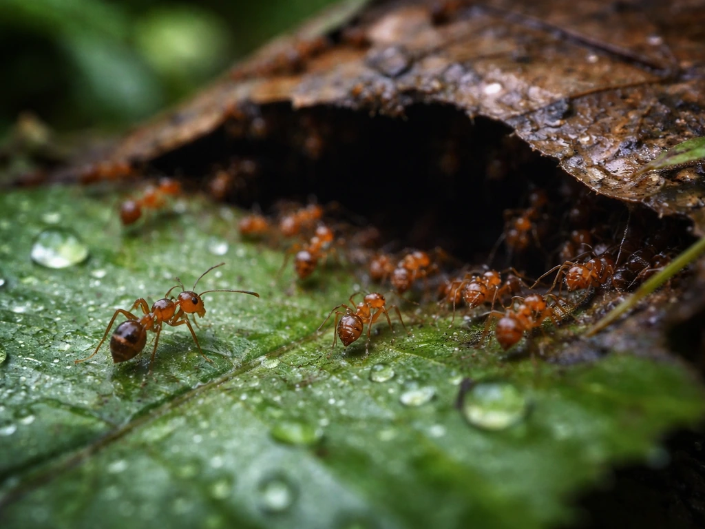 Macro close-up of fire ants swarming toward a hidden rainforest nest cavity on a damp leaf.