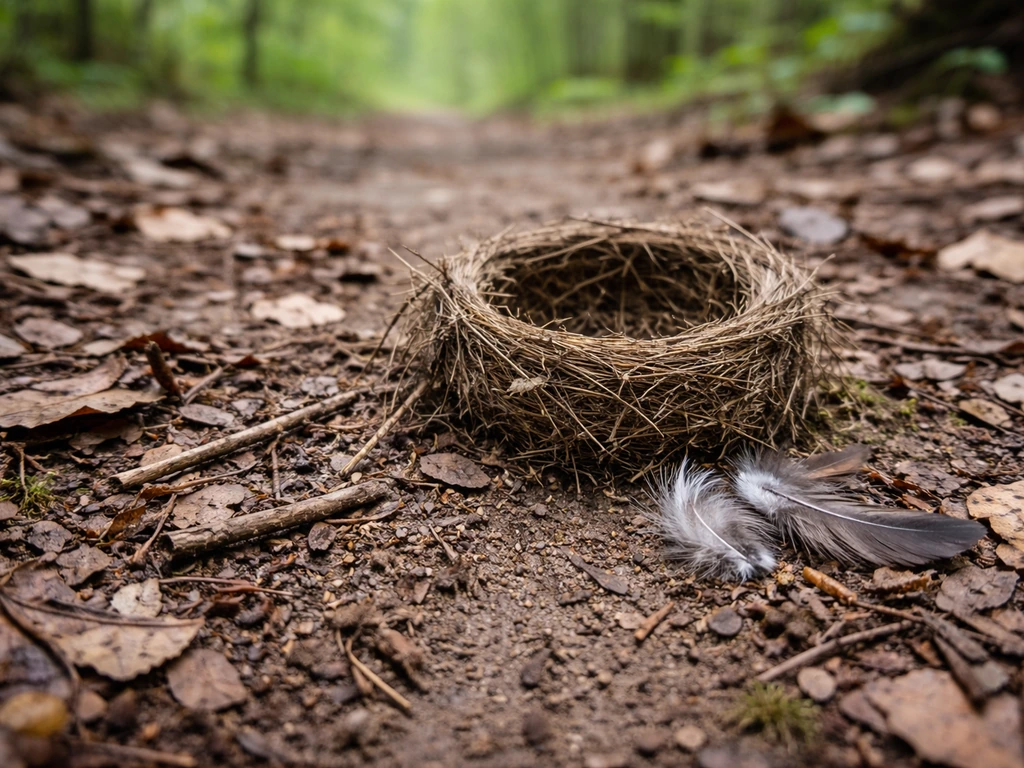 Disturbed bird nest cup on leaf litter with feathers and twigs, with faint tracks in damp soil.