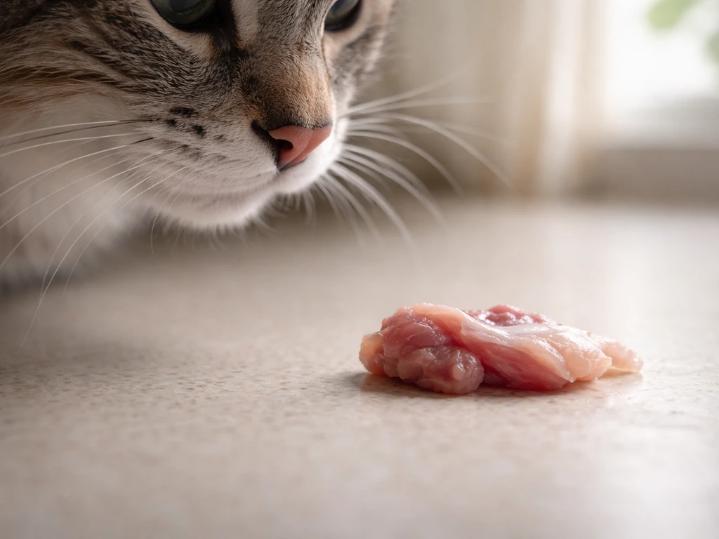 Close-up of a cat’s whiskers near a small piece of raw bird meat on a kitchen surface.