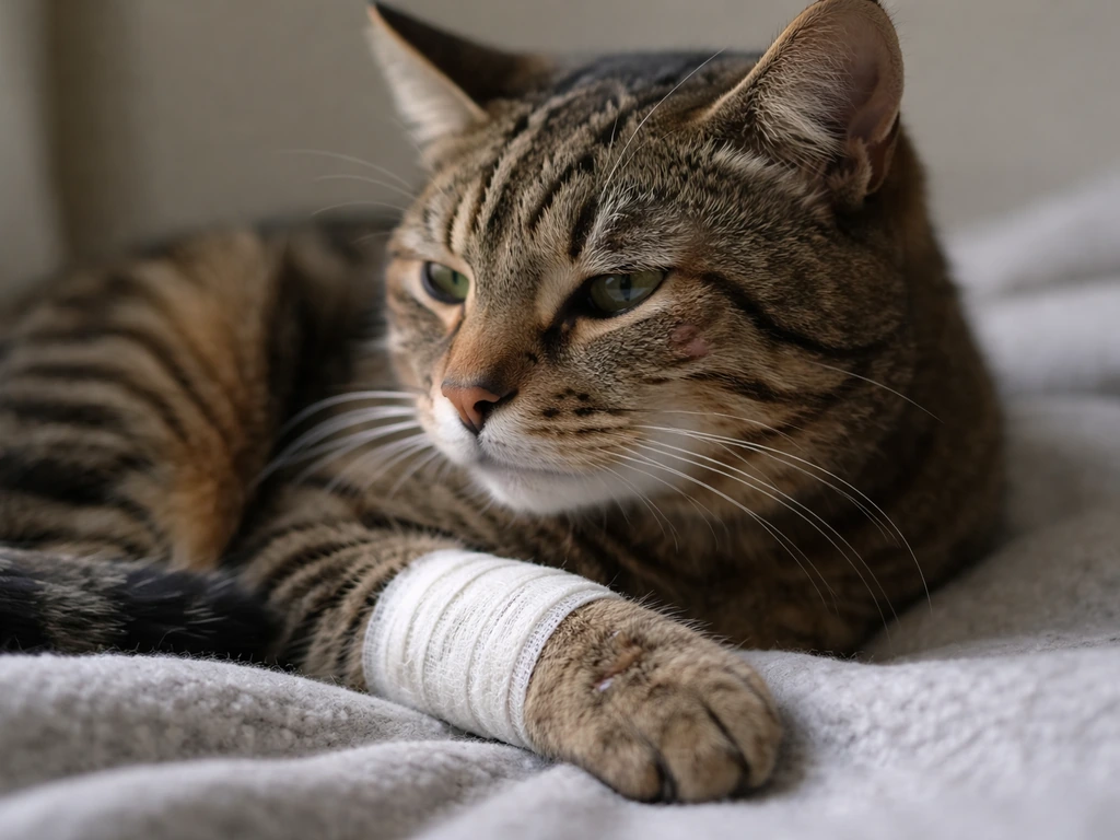 Close-up of a cat with minor face and paw scratches and a small bandage, indoors in soft natural light.