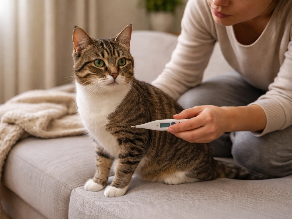 Owner gently checking a cat’s health at home with a thermometer nearby, calm first-aid moment.
