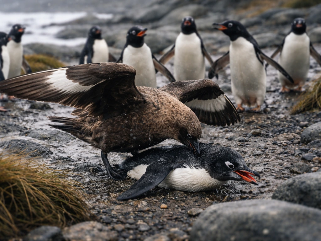 Skua-like bird swoops and attacks a penguin on rocky ground in a small penguin colony.