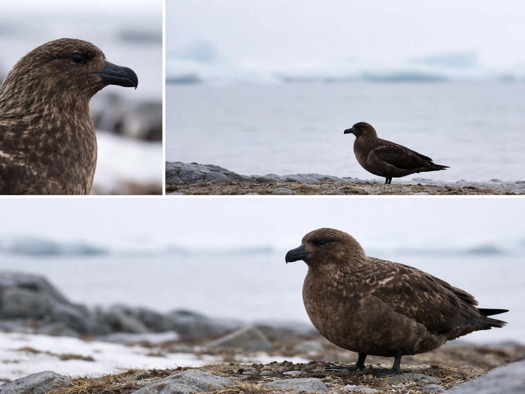 Three close-up views of a gull-sized skua—bill, distant silhouette, and alert posture near icy coast.
