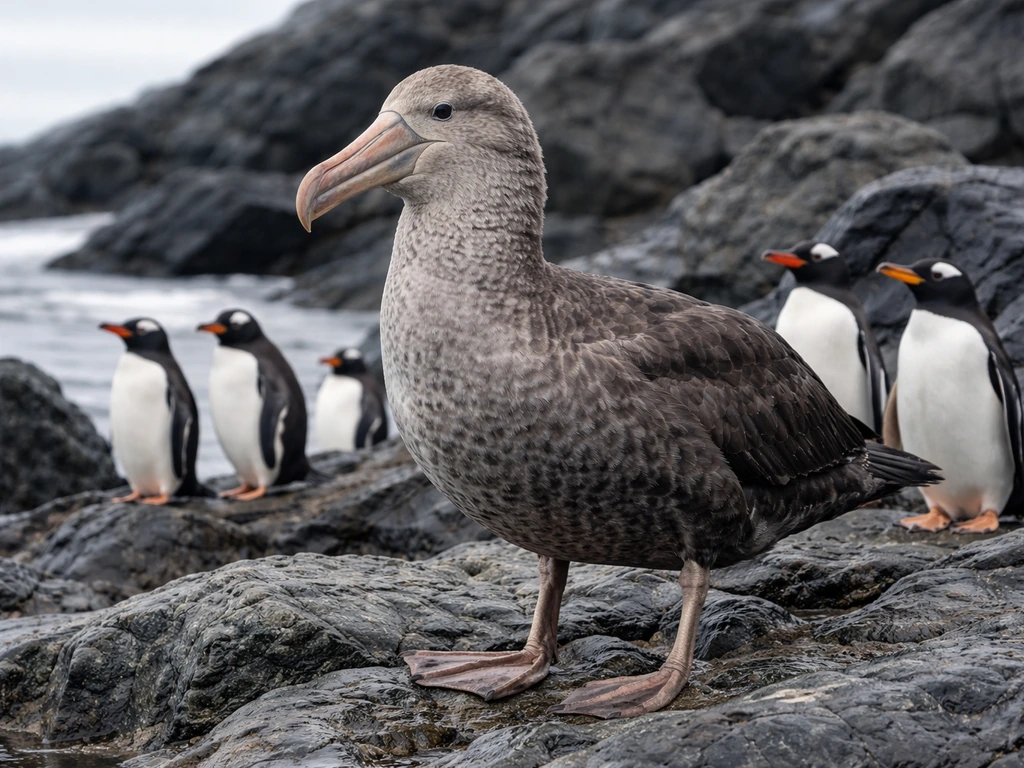 Southern giant petrel near penguins, showing long pale tube-nosed bill and large size on a rocky shore