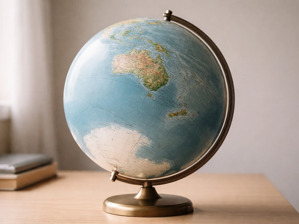 Minimal globe view highlighting the Southern Hemisphere near Antarctica and subantarctic islands